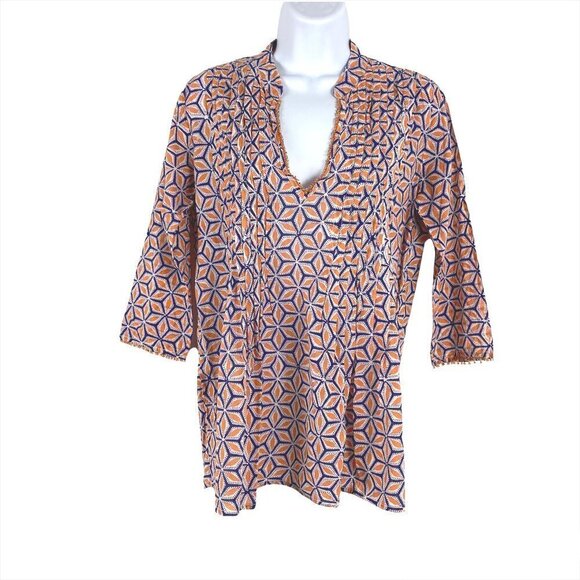 Roberta Roller Rabbit Top Multicolored Print‎ Beaded Edge 3/4 Sleeve Women's XS - Picture 1 of 7